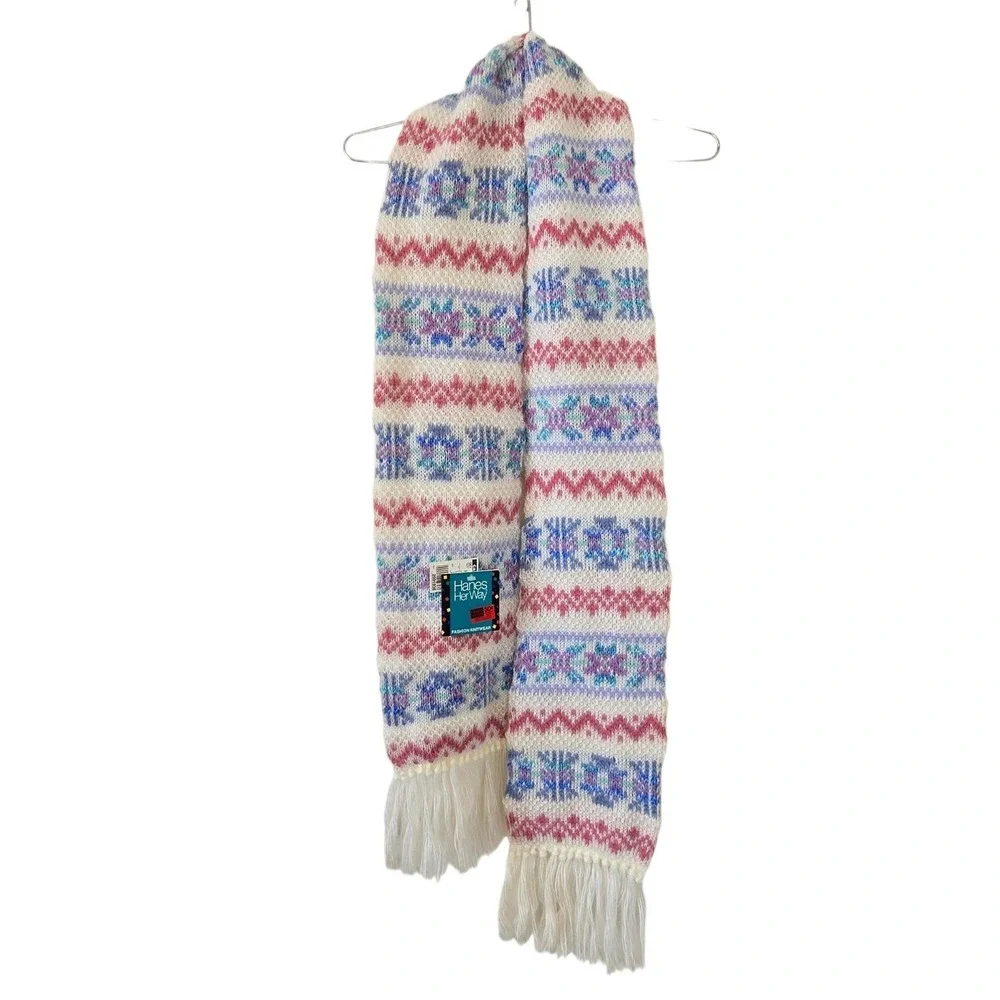 Vintage Hanes Her Way Scarf NWT Fair Isle Knit Pastel Fringe Deadstock